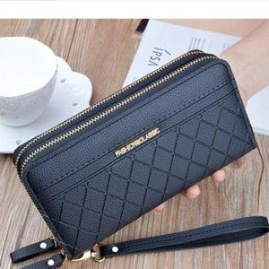 Women Double Zipper Diamond Lattice Phone Wallet Large Capacity Black